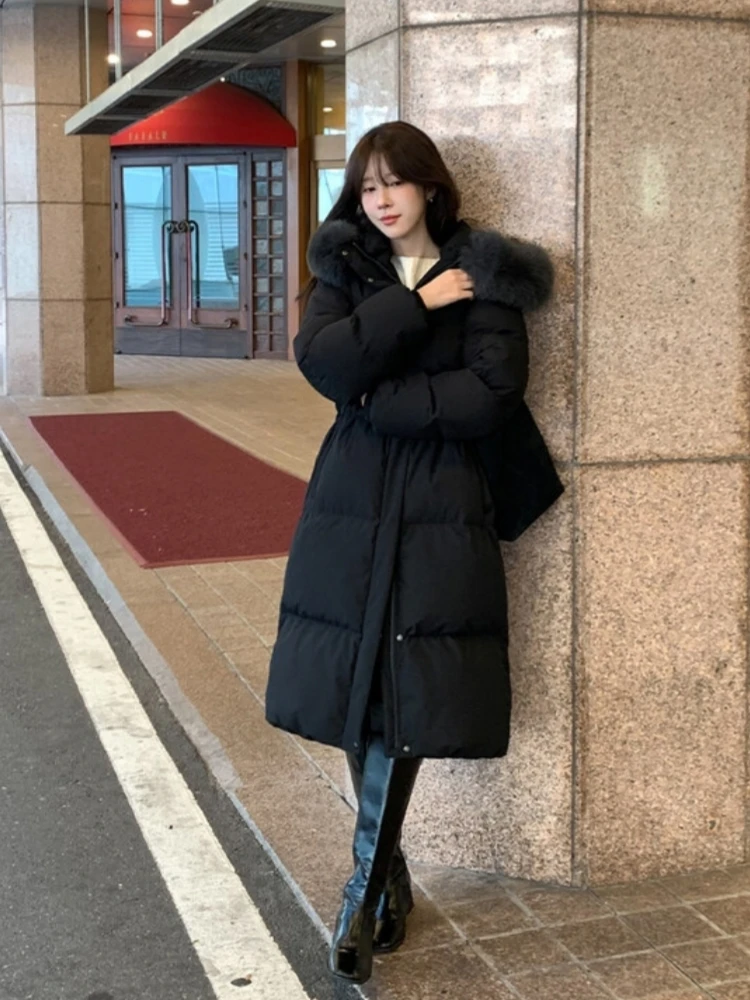 

Winter Thiened White Du down Jaet Women's Mid-Length Fur Collar Padded Coat Korean Sle Commute Faion Warm Coat