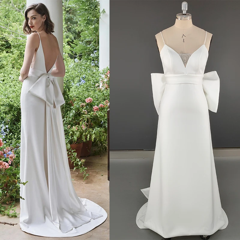 Abito da sposa in Crepe con scollo A v semplice con spalline sottili con fiocco Sash Beach A Line Maxi abito da sposa senza schienale in raso morbido minimalista