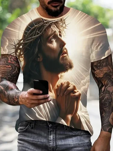 Imagen 2 del producto Camisetas con estampado 3D de Jesús para hombre y mujer, camiseta informal de moda de manga corta con cuello redondo, camisetas de Hip-Hop de gran tamaño, camisetas Harajuku, ropa para hombre