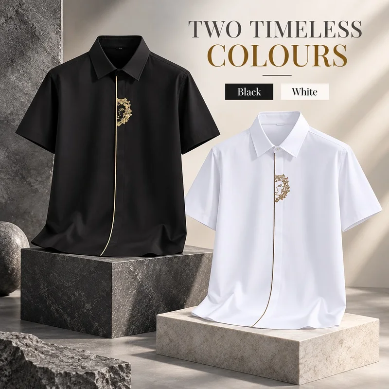 Men's Embroidered Short Sleeve Shirt Pointed or Stand Collar Loose Fit Black and White Summer Casual Top with Decorative Motifs