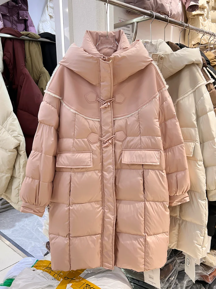 Winter Warm Coat Hooded Splicing Long Down Jacket Horn Buckle Thickened White Duck Down Temperament Elegant Slim Women's Coats