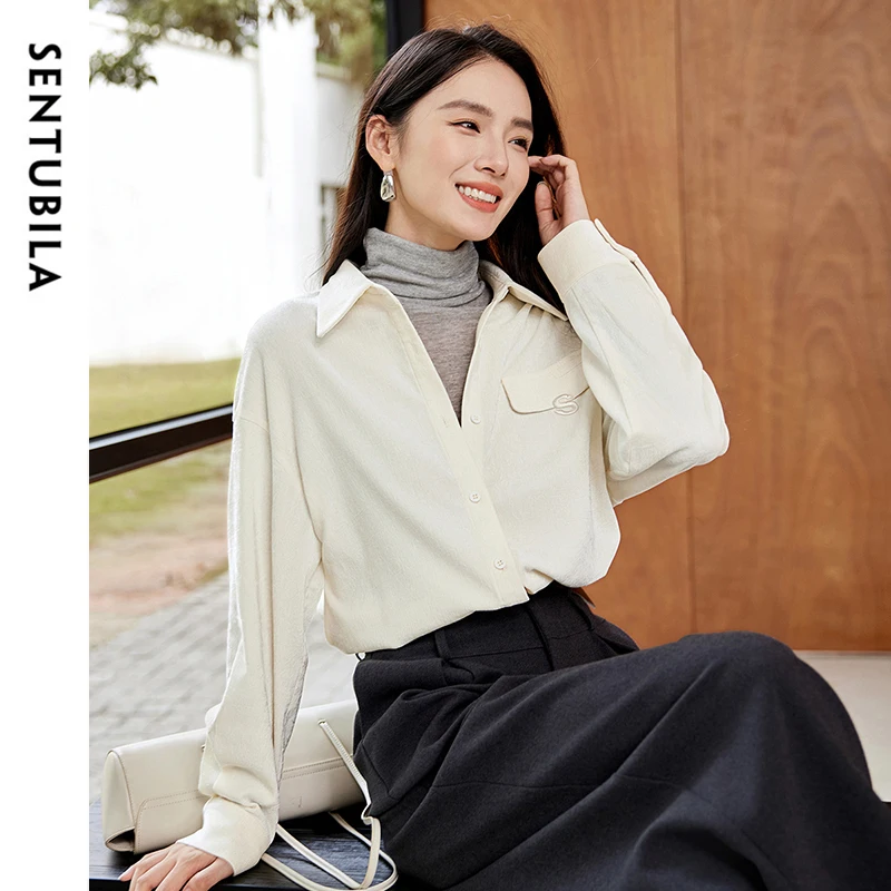 SENTUBILA Women's Upper Garment Corduroy Shirt Long Sleeve Buttons Turn Down Collar Warm Letter Embroidery Casual Coat 144C57426