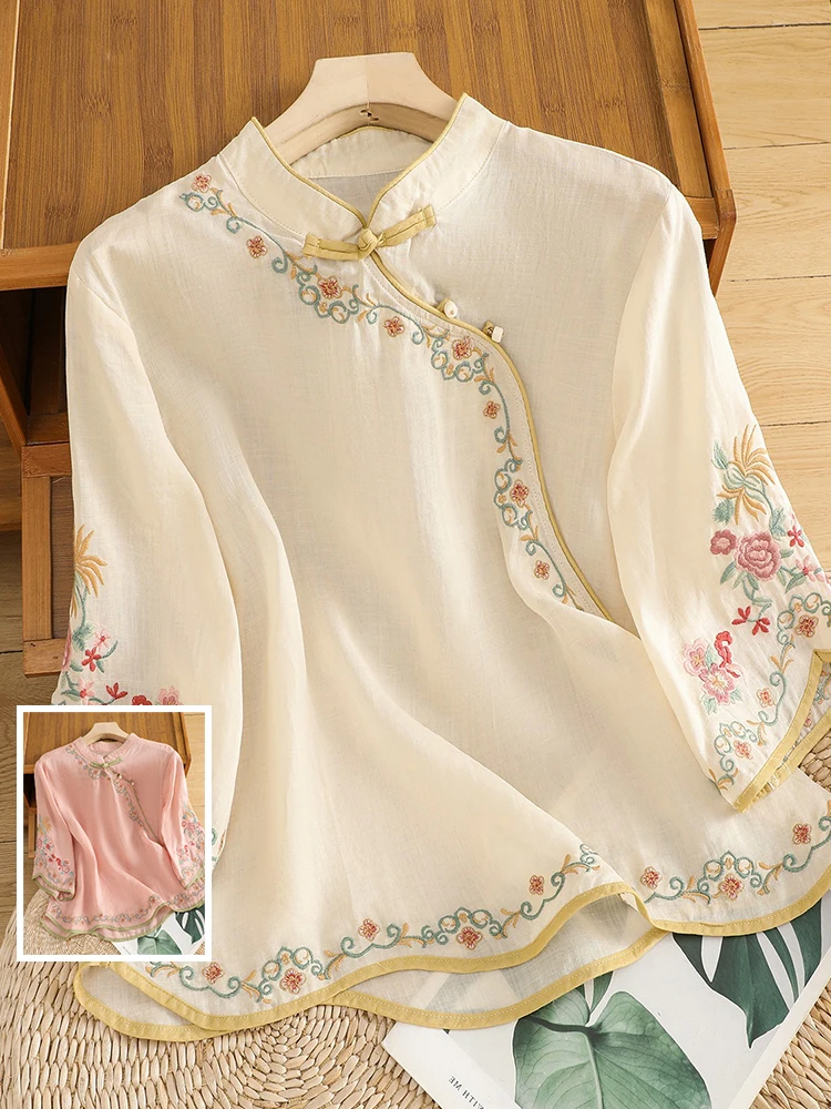 

Китайский хлопок и лен в стиле ретро с вышивкой, чайный утюг, большой размер, женский дзен, наклонная пуговица, воротник-стойка Five Sve...