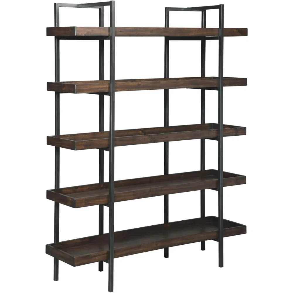 

"76 inch brown urban industrial style fixed shelf bookcase with five shelves"