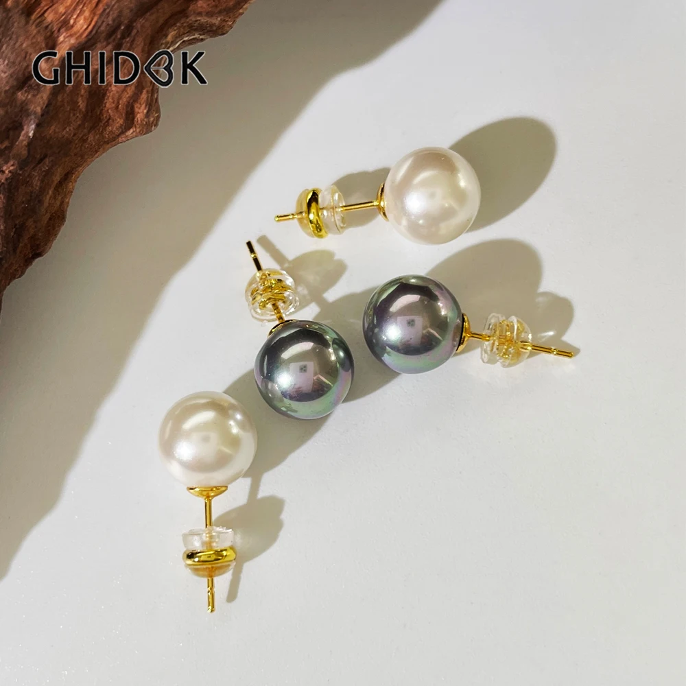 GHIDBK 10mm Simple White Grey Round Pearl Ear Studs Dainty Glass Pearls Wedding Stud Earrings Daily Basic Jewelry Bridesmaid