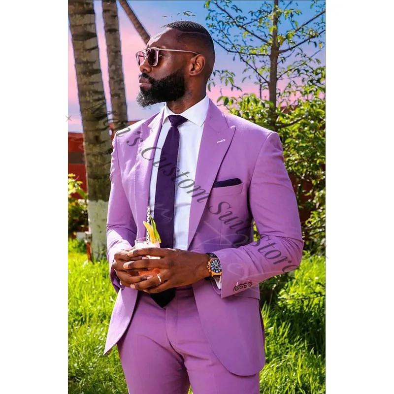 

Light Purple Men Suits Wedding Slim Fit Groom Tuxedo Peaked Lapel 2 Pieces Jacket Pant Set Prom Male Blazer Terno Masculino