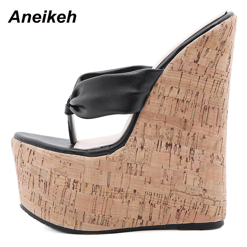 Aneikeh Summer Flip-flops Wedges Women\'s Shoes Fashion Classics PU Platform Head Peep Toe Thin High Heels Slippers Size 35-42