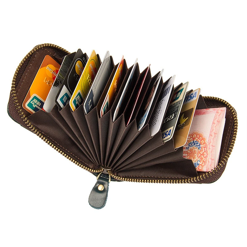 Portatarjetas de identificación de cuero genuino para hombres, funda para tarjetas de autobús y crédito, antidesmagnetización, monedero, BILLETERA, 12 details