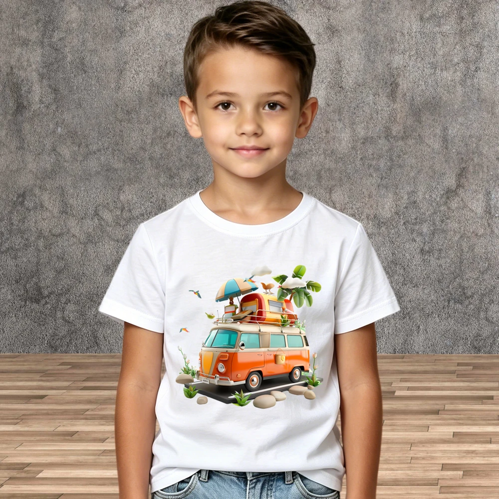 Travel Wear Boys Car Theme Tops Pure Cotton Children Summer Short Sleeve Tees