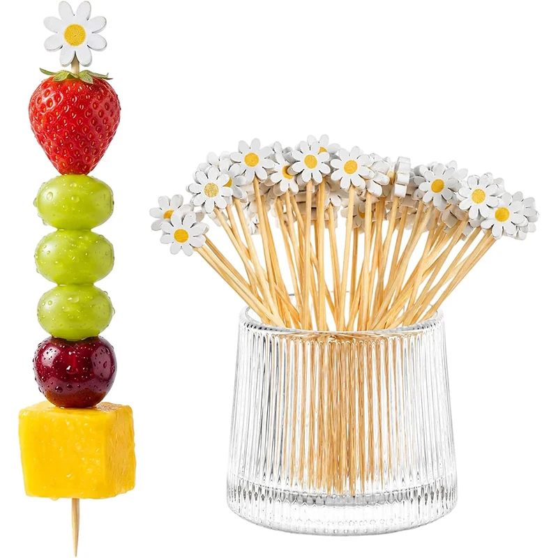 100Pcs of Daisy Cocktail Picks, Flower Cocktail Toothpicks, Bamboo Daisy Fruit Skewers, Decorative Toothpicks, Food Sticks