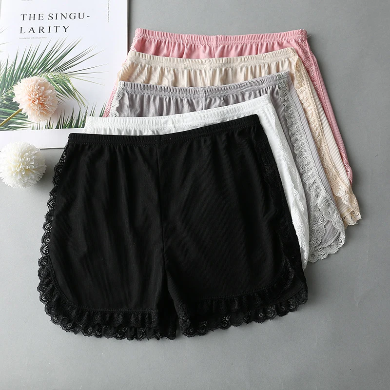 Women Spring Summer Same Color Side Lace Safety Shorts Pants Sweet Loose Elastic Home Sleep Shorts Nightwear Bottom Thin Pajamas