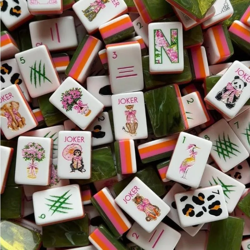 American Mahjong Tiles 160PCS Green Marble Pattern Mah Jongg with Floral Animal Painted Design