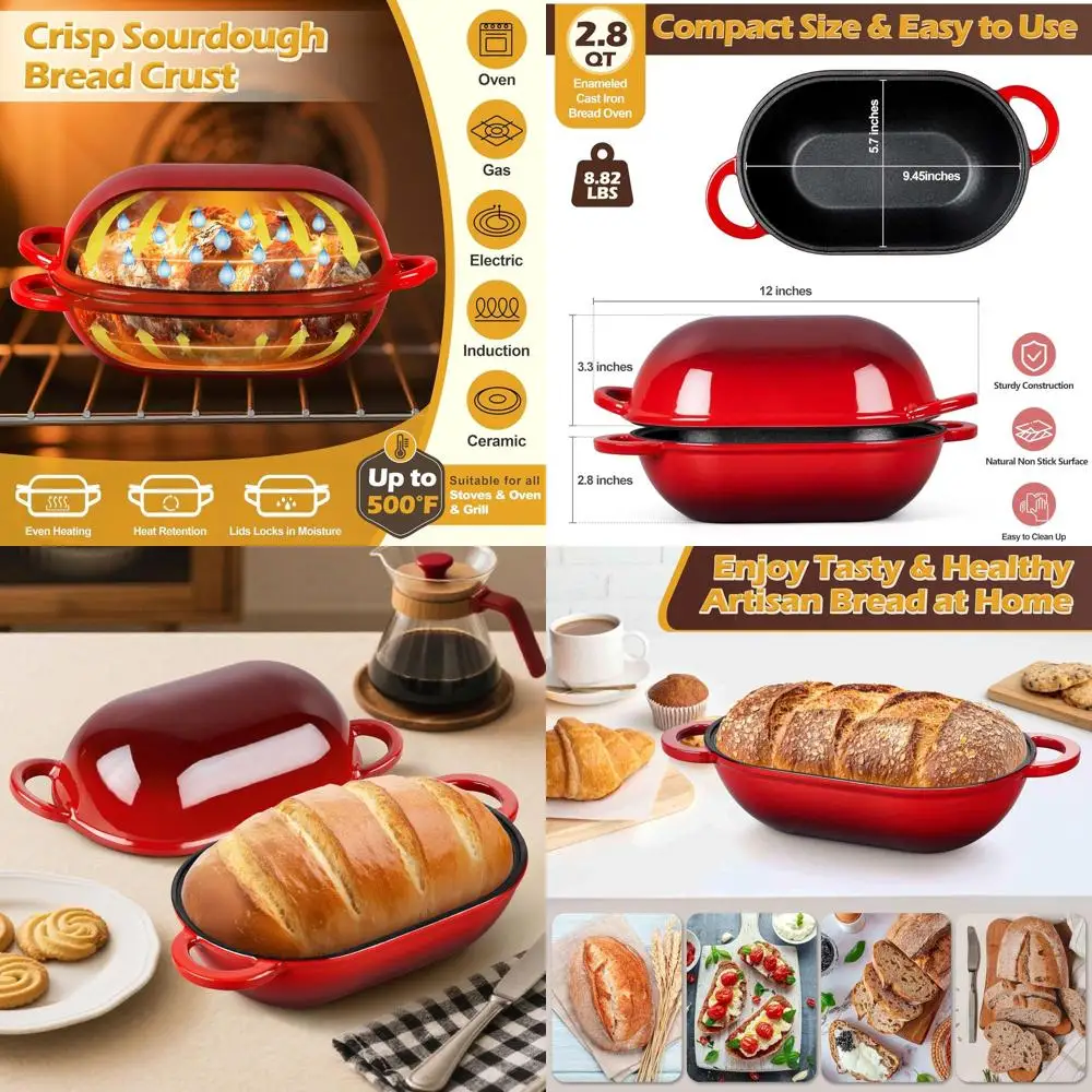 

Red Heavy-Duty 2.8 QT Oval Enamel Cast Iron Dutch Oven for Bread Baking with Lid