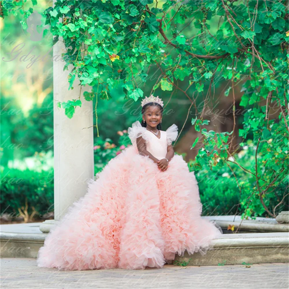 Peachy Pink Luxury Flower Girl Dresses   for Homecoming Festival Wedding Tiered  Skirts Baby Gown Princess Birthday Party Prom