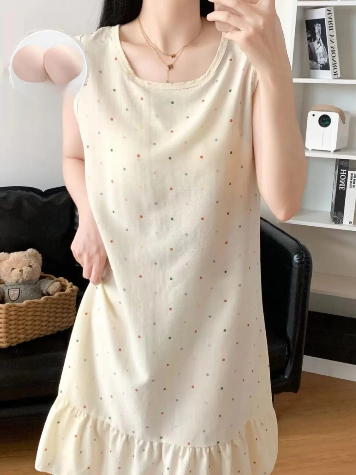 Korean Style Sleeveless Vest Nightgown Women's New Bubble Cotton Linen Summer Sweet  Home Clothes Dress with Chest Pad