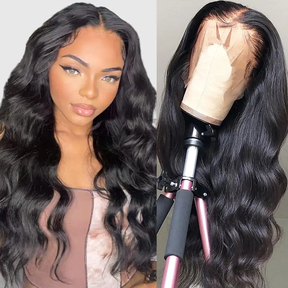 Perruque Lace Front Wig Body Wave Brésilienne Naturelle, Cheveux Humains, Pre-Plucked, HD, 13x4, 13x6, 26 28 Pouces, 180%, pour Femme