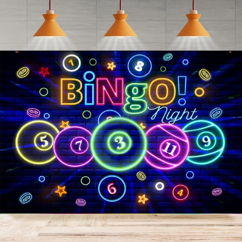 

Bingo Night Photography Background Neon Snooker Game Time Contest Bingo Winning Ball Coins Colorful Party Backdrop Wall Banner