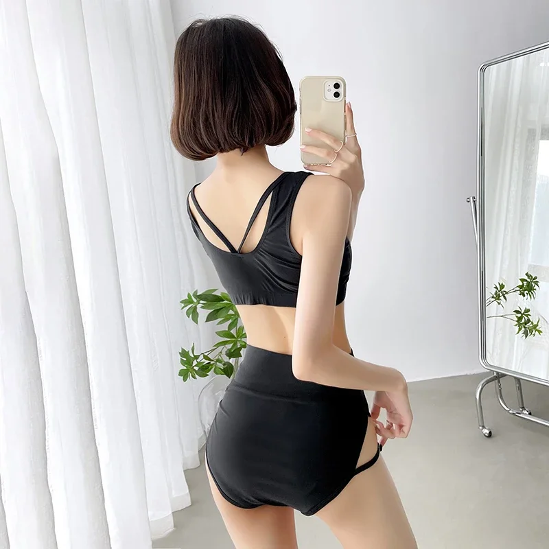 Korean Style High Waist Bikini Set Women Lace Up Biquini Suit Two Pieces Pleated Swimwear Black Swimsuit Bandage Beach Suit 2024