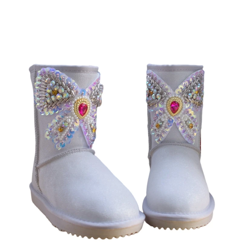 

Bling Rhinestones Butterfly Beaded Women Snow Boots Warm Plush Fur Winter Shoes Ladies Mid-Calf Flat Booties