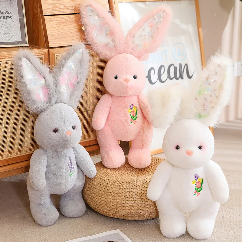 

60cm Big-eared Rabbit Plush Toy Doll White Pink Grey Long-eared Rabbit Plush Doll With Embroidered Flowers Decorate Your Home