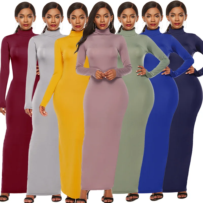 

European and American Fashion Solid Color Long Dress, Long Sleeve Elastic Slim High Neck Dress