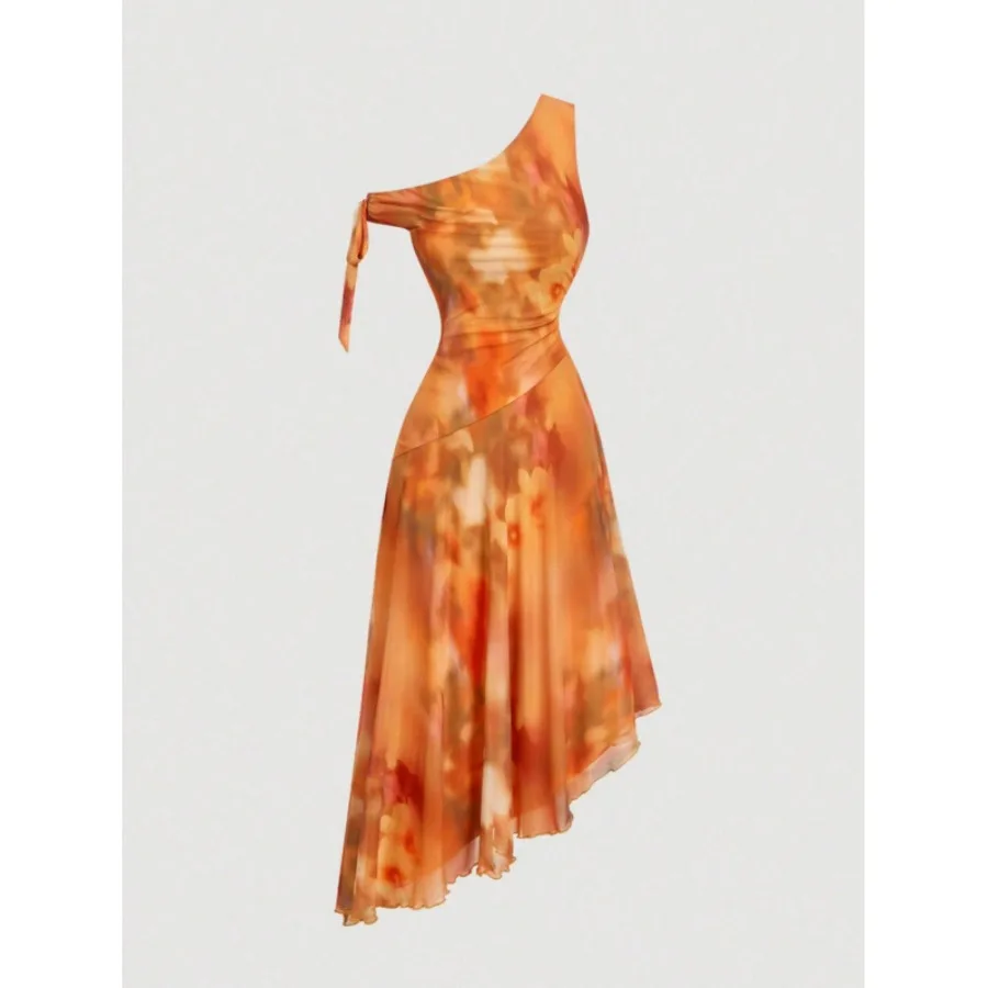 

【New style】Spot women's clothes New summer clothes elegant asymmetrical shoulder mesh print holiday dress