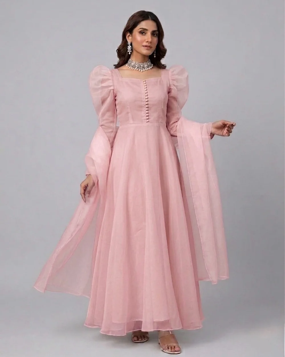 

Customized Elegant Women Tulle Button Ruched A-Line Evening Dresses Classic Square Neck Long Sleeves Floor Lenght Prom Dresses