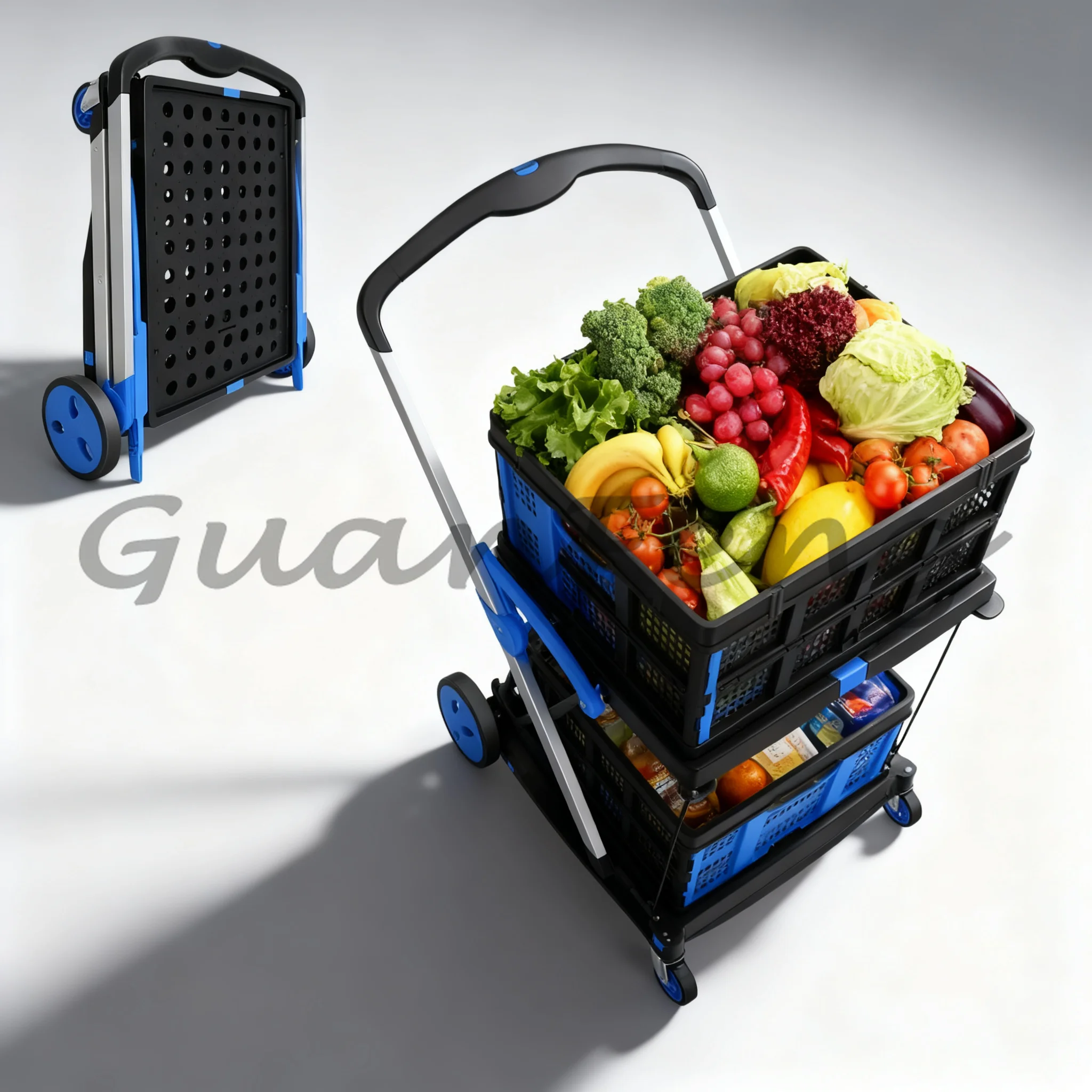 Foldable 2 Tier Multifunction Shopping Trolley with Basket Household Grocery Store Storage Transport Cart