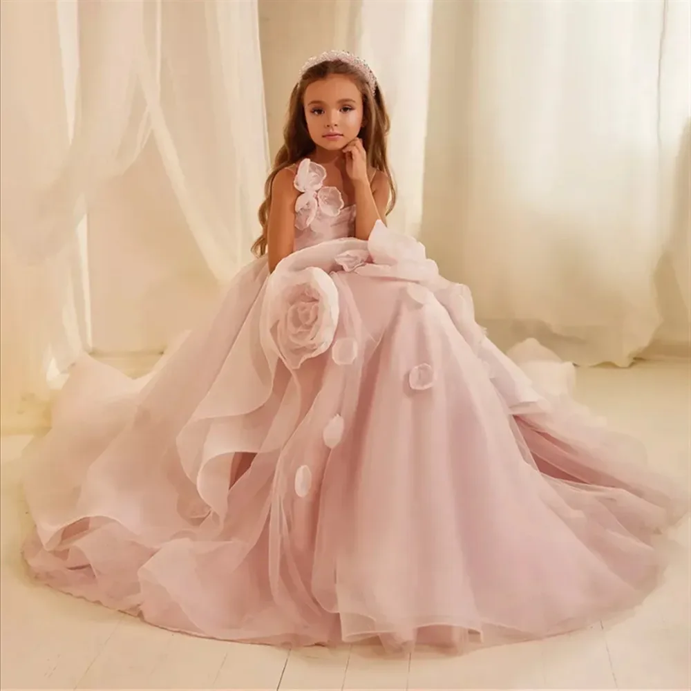

Elegant Flower Girl Wedding Dress Pink 3D Floral Puffy Sleeveless Ball Gown Princess Birthday Party Dress First Eucharist Gown