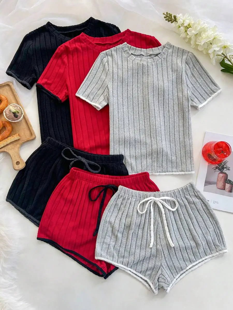 

3pcs Women Sleepwear Set Round Neck Short Sleeve Top And Shorts