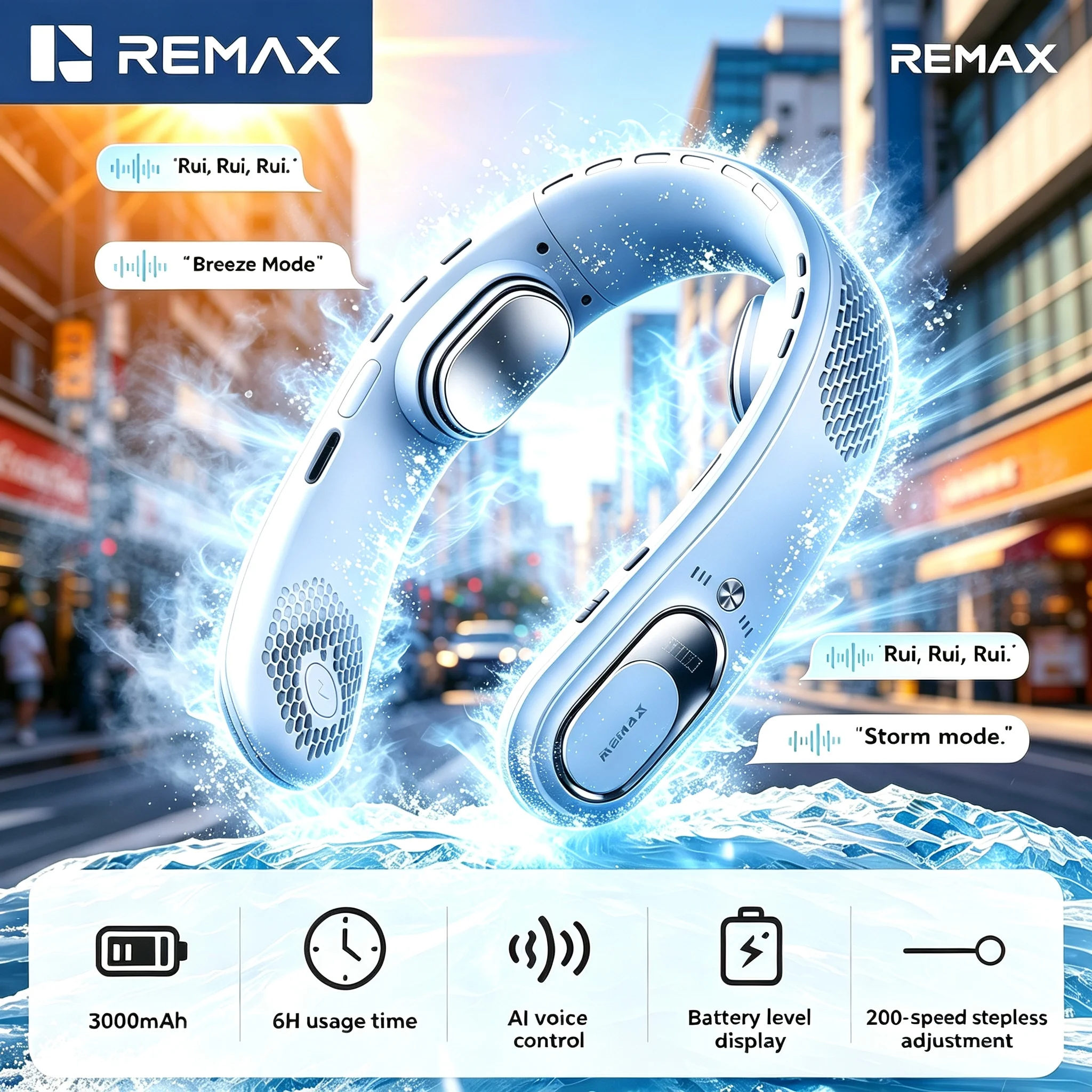 REMAX AI Voice Control Neck Fan 4 Core Motors Stepless 200 Speed Dual Airflow Bladeless USB Rechargeable Portable Fan for Travel