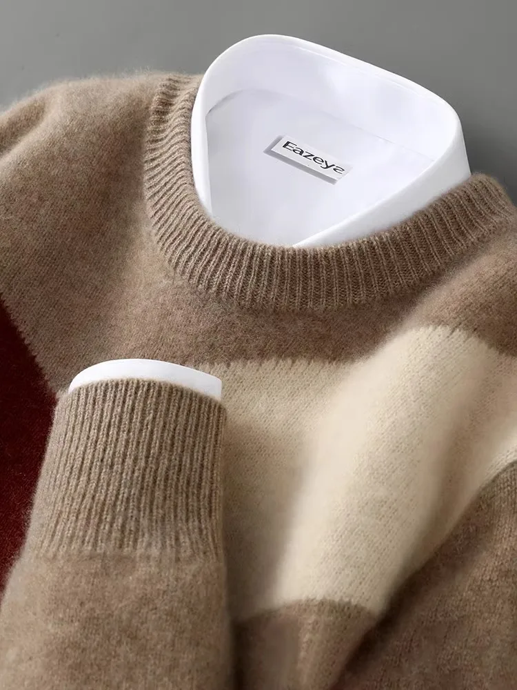 

100% Pure Wool Knitted Sweater Men's round Neck Thickened Patchwork Color Block Casual Loose Base Layer Cashmere Shirt