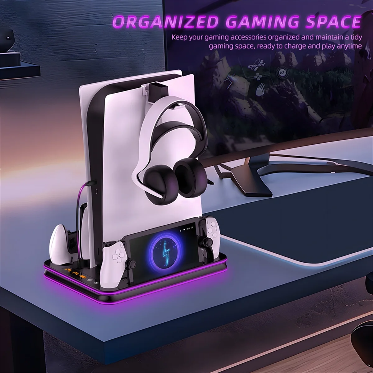 

JYS Docking Station for PS5 Slim Portal Console with Ambient Light Cooling Docking Station with Headphone Hook Docking Station
