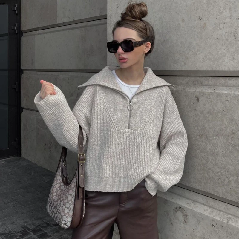 

Trendix Ribbed Knit Vintage Pullover For Women's Fashion Lapel Patchwork Zip Sweater Winter Long Sleeve Knitwear Commuter Tops