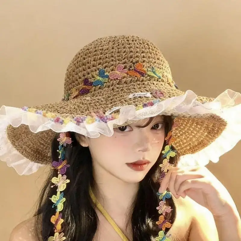 New Summer Colorful Butterfly Lace-trimmed Straw Hat For Women Wide Brim Sun Protection Hat For The Beach And Vacation