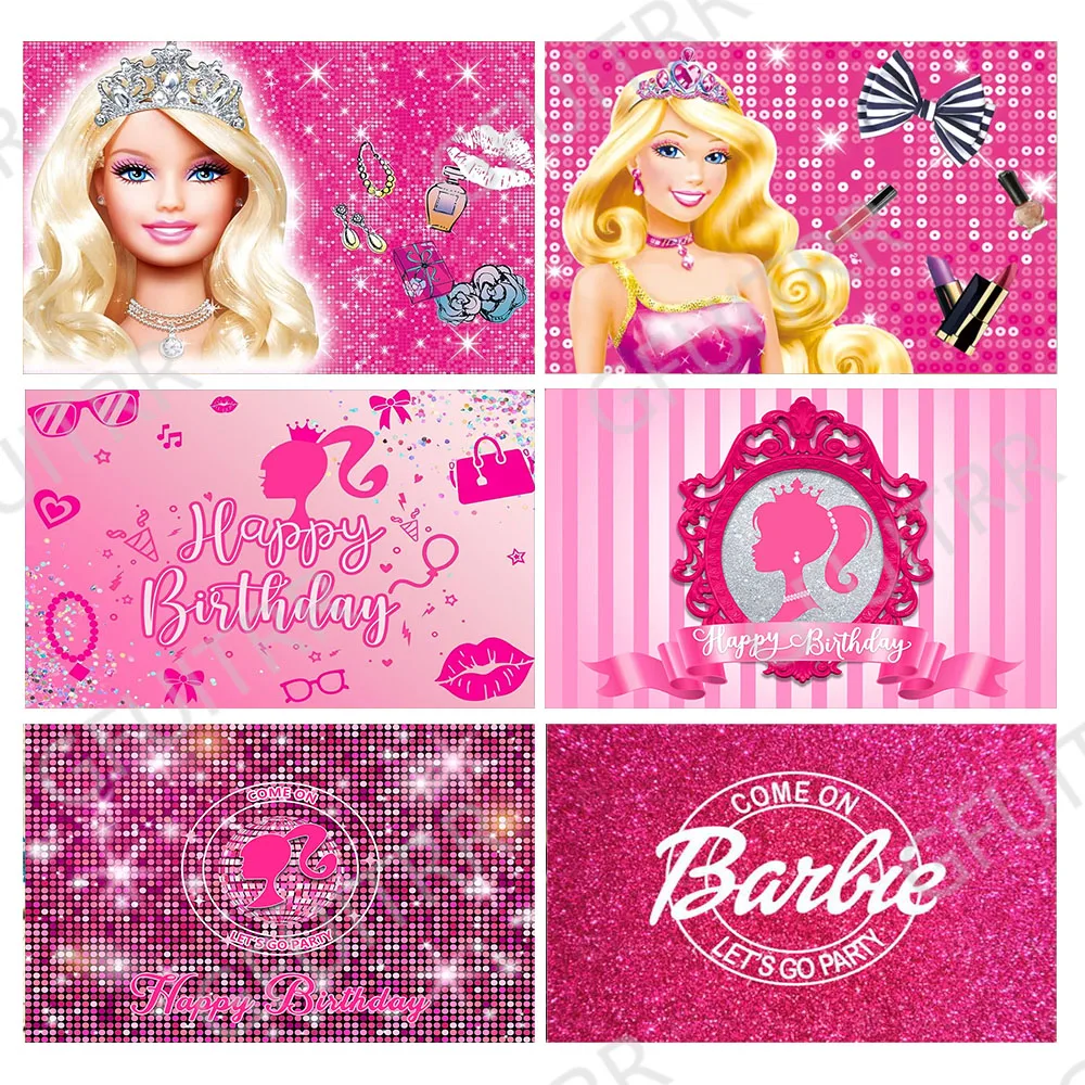 

Pink Barbie Birthday Backdrop Kids Party Banner Baby Shower Decoration Vinyl Polyester Photography Background Photo Props