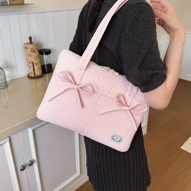 

Japanese Korean Style Laptop Tote Bag for Women, 14 Inch Cream Color Crossbody Bag, Cute Bow Decor School Office Commuting Purse