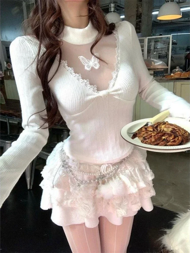 Y2k Aesthetic Women Sexy Knitted  T-shirt Vintage Lace Patchwork Grunge Cropped Tshirts Harajuku Vintage See Through Tees Femme