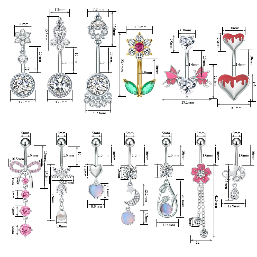 14G Curved Opal Dangled CZs Belly Button Rings Heart Butterfly Cute Cat Water-Drop Navel Piercing Nombril Sexy Body Belly Rings