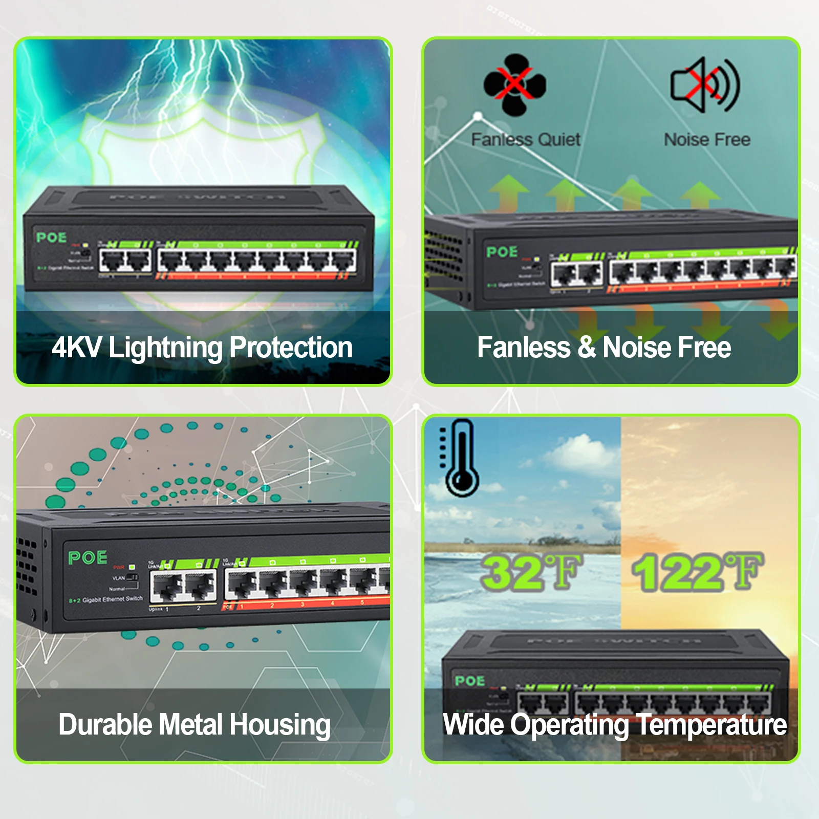 Ienron poe switch 1000 mbps 8 ports netzwerk standard poe ethernet switch 52v eingebaute strom versorgung für cctv ip kamera/wifi router