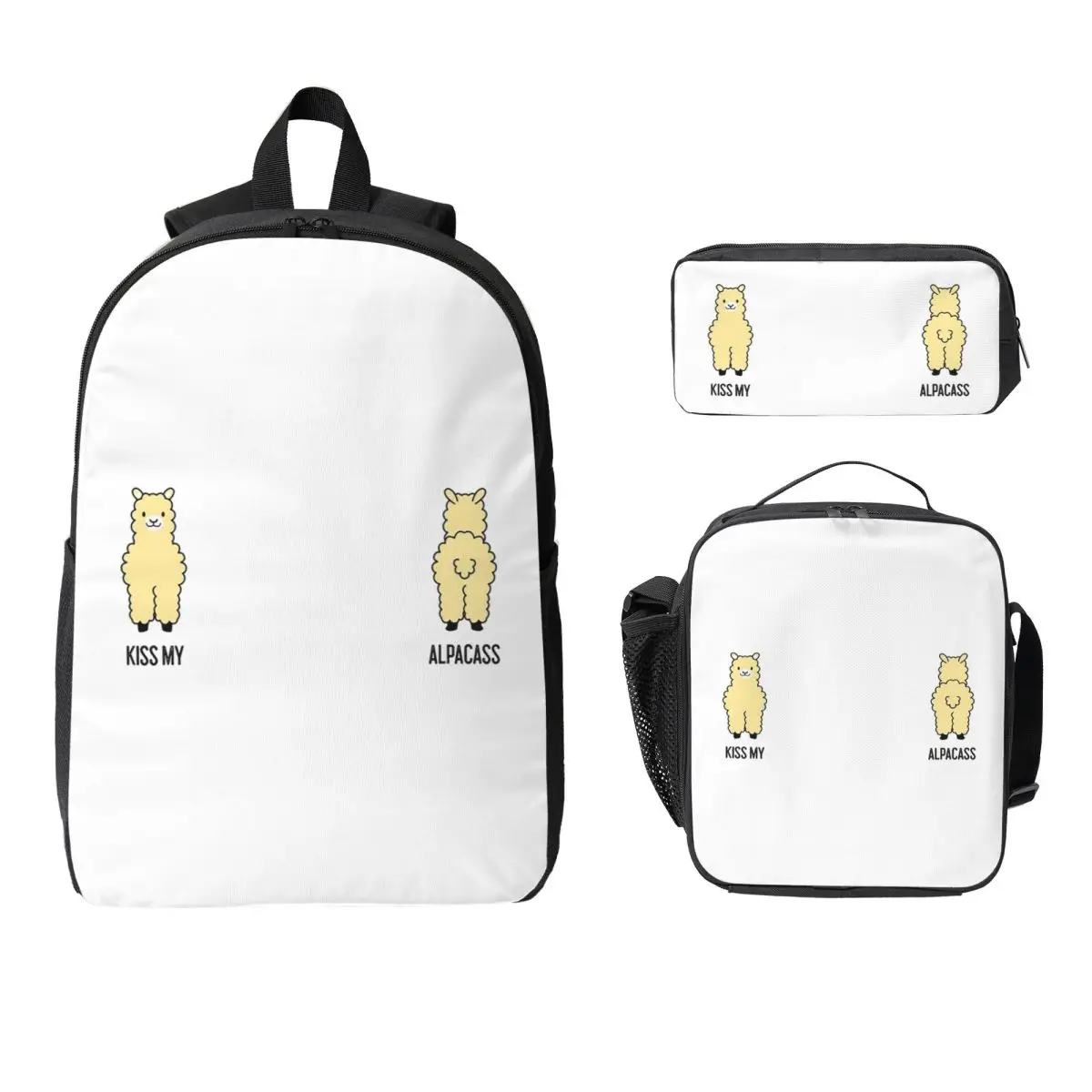 2-Sided Kiss My Alpacass Funny Alpaca Llama Backpack BookBag School Bag Shoulder Bags 3ps Insulated Lunch Bag Pencil Case