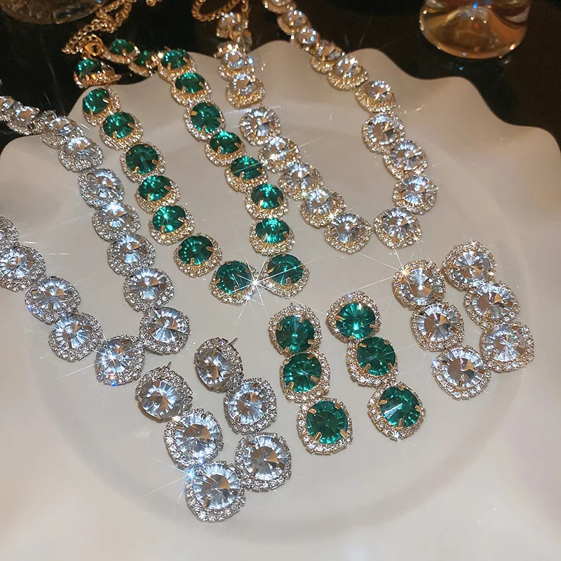 Exquisite Green Crystal Jewelry Set Necklace Earrings Bracelet Indian Bridal 3pcs Jewelry Sets Wedding Accessories