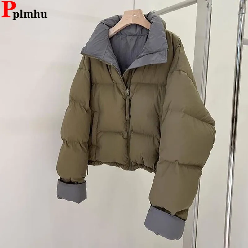 Korea Winter Down Cotton Short Coats Tops Warm Lapel Jackets Casual Fashion Loose Cropped Chaqueta Snow Wear New Women Casaco