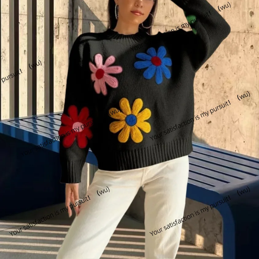 Sweater women's high-end sense loose new linked flower warm lazy wind embroidered flower pullover knitted sweater