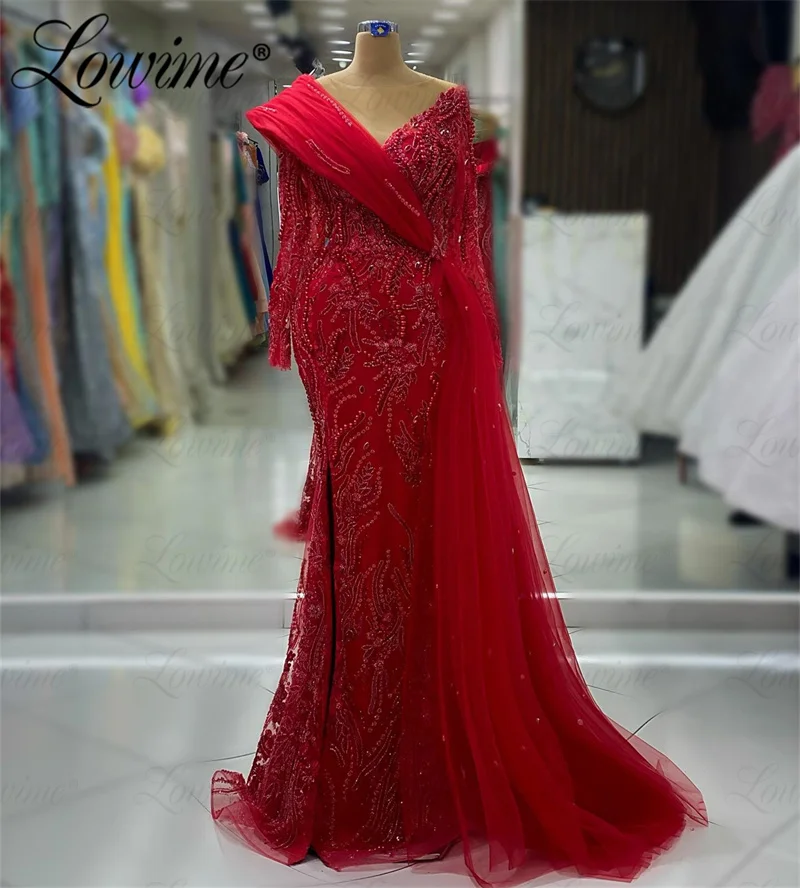 Abendkleider-Robe de soirée rouge perlée pour femme, design Dubaï, grande taille, manches longues, robe de gala éducative, robe de soirée sirène, luxe, 2023