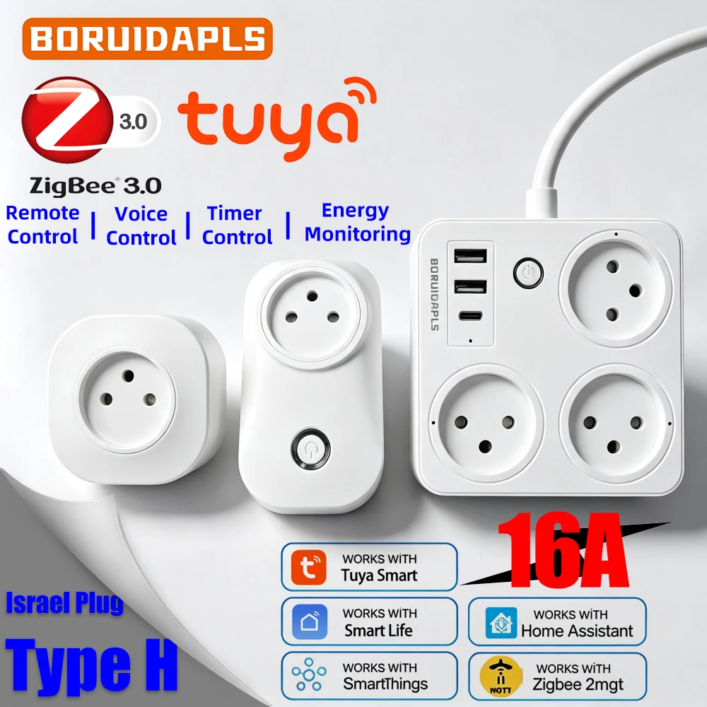 BORUIDAPLS Type H ZigBee Smart Power Strip Israel Socket USB Energy Monitoring Tuya Smart Life Voice Timing Control Alexa Google