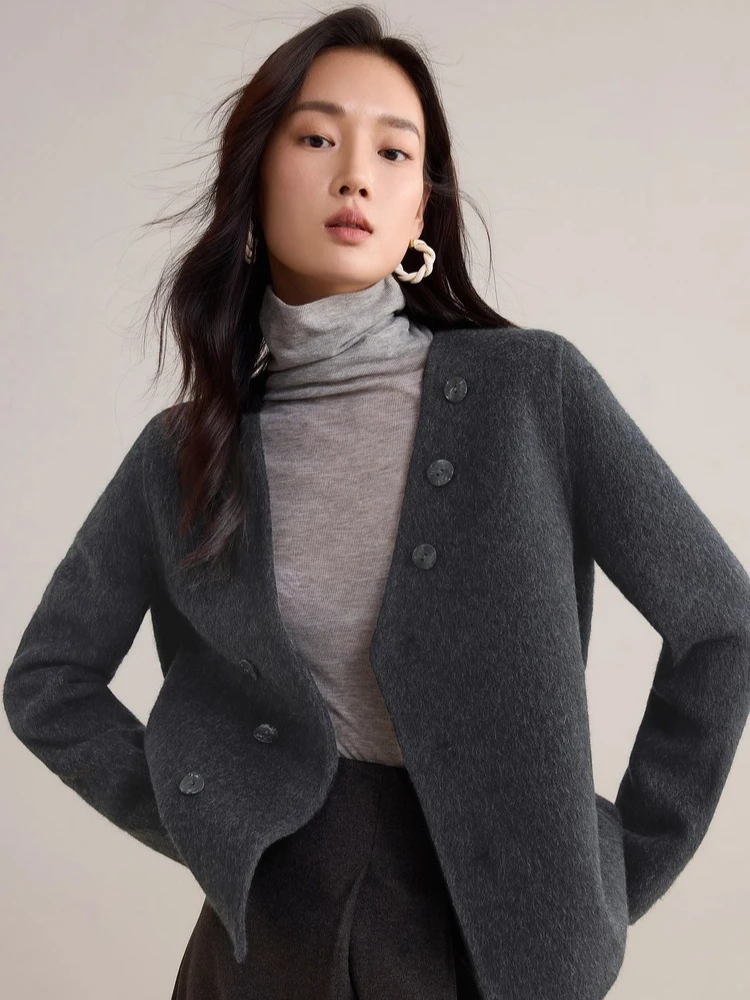 SENTBUILA Cappotti di lana double face per donna 2025 Autunno Inverno Scollo a V Piumini larghi Capispalla corti Donna W54OF2424