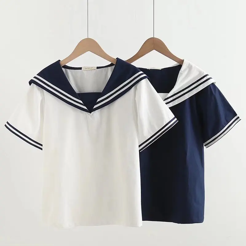 

New Product Summer Sweet Women Navy Shirts Patchwork Blouses Pullover Short Sleeve Lady Tops Sailor Collar Female Clothing