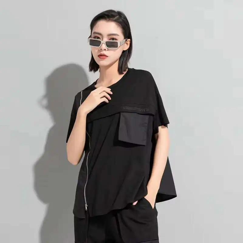 Ladies Short Sleeve Summer New Dark Personality Stitching Zipper Design Casual Loose Large Size Short Sleeve T-Shirt
