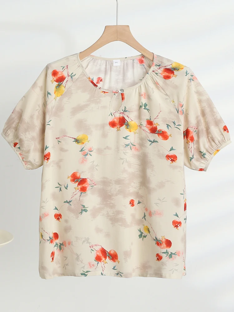 เสื้อยืดผ้าฝ้ายผสมไหมทรงหลวมสบายสำหรับผู้หญิงวัยกลางคนและผู้หญิงไซส์ใหญ่ เหมาะสำหรับฤดูร้อน